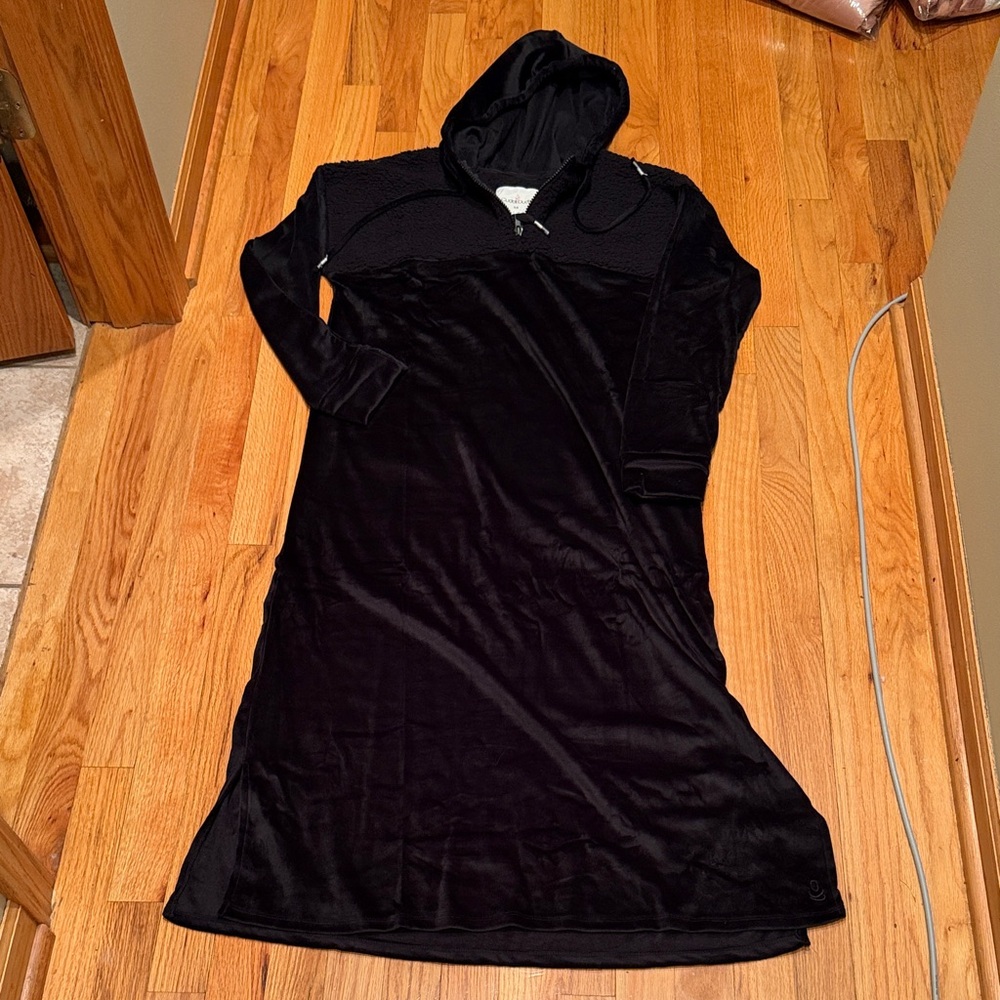 Cuddl Duds XS 1/4 Zip Soft Fleece Black Hooded Long Lounge Robe New